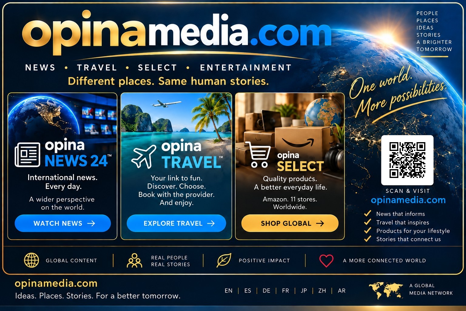 OPINA MEDIA official presentation card showing OPINA NEWS 24, OPINA TRAVEL, OPINA SELECT and a QR code for opinamedia.com
