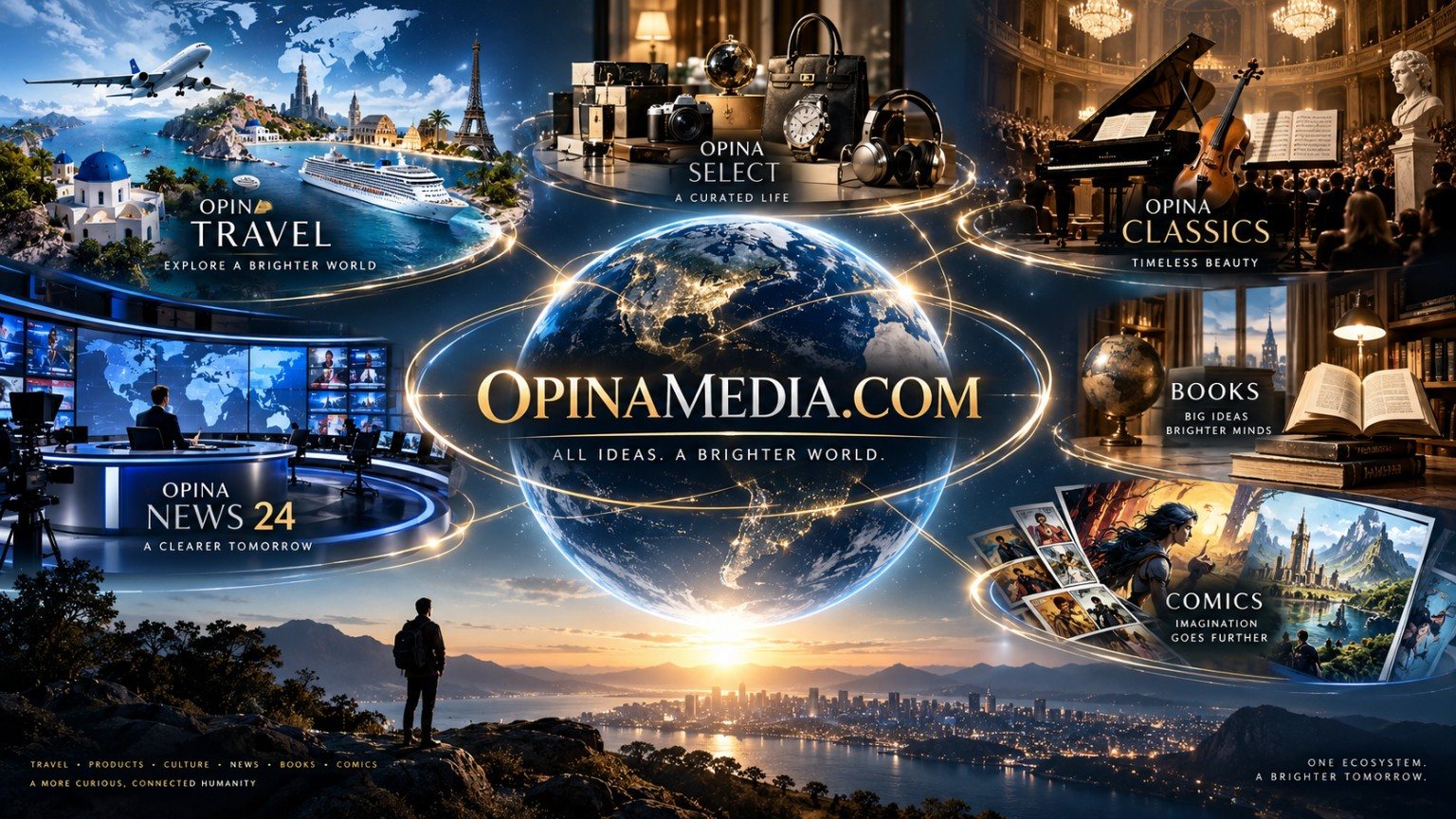 Illustrated OPINA MEDIA ecosystem with travel, books, music and entertainment.