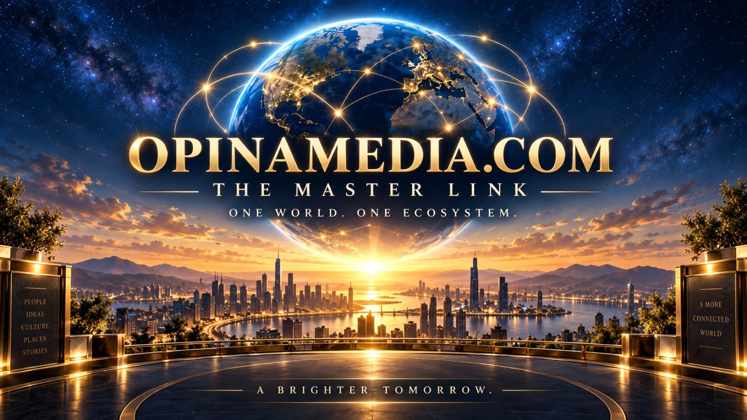 World network illustration for the OPINA MEDIA brand.