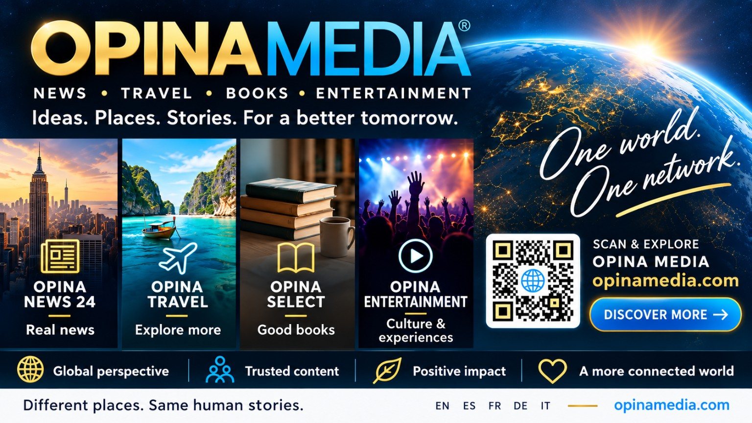 Brand illustration of OPINA MEDIA news, travel, books and entertainment.