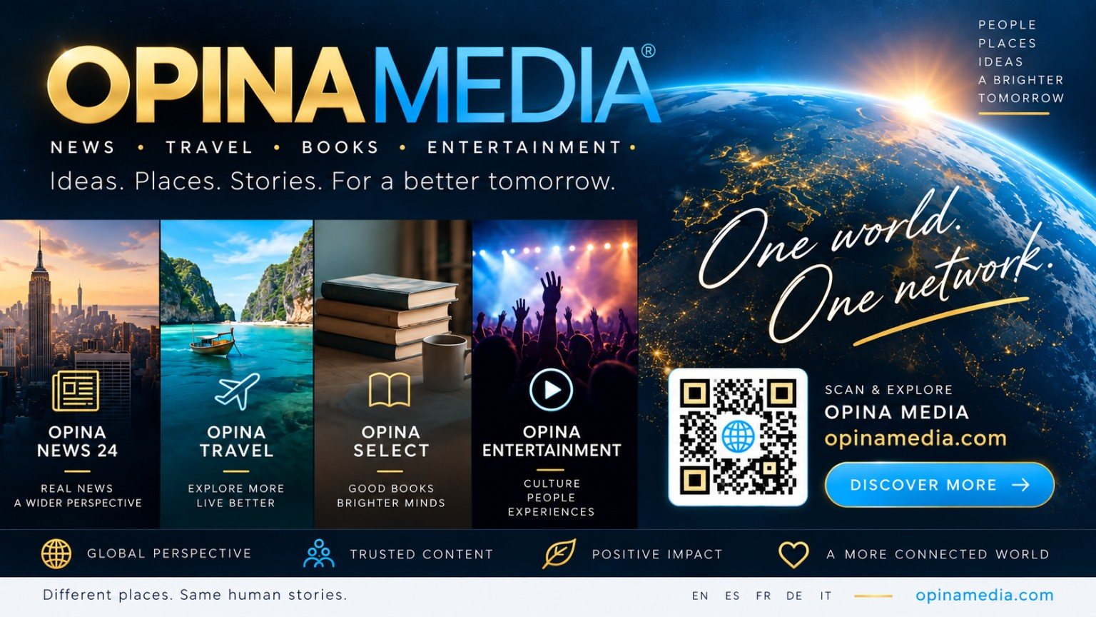 OPINA MEDIA visual showing its news, travel, books and entertainment projects.