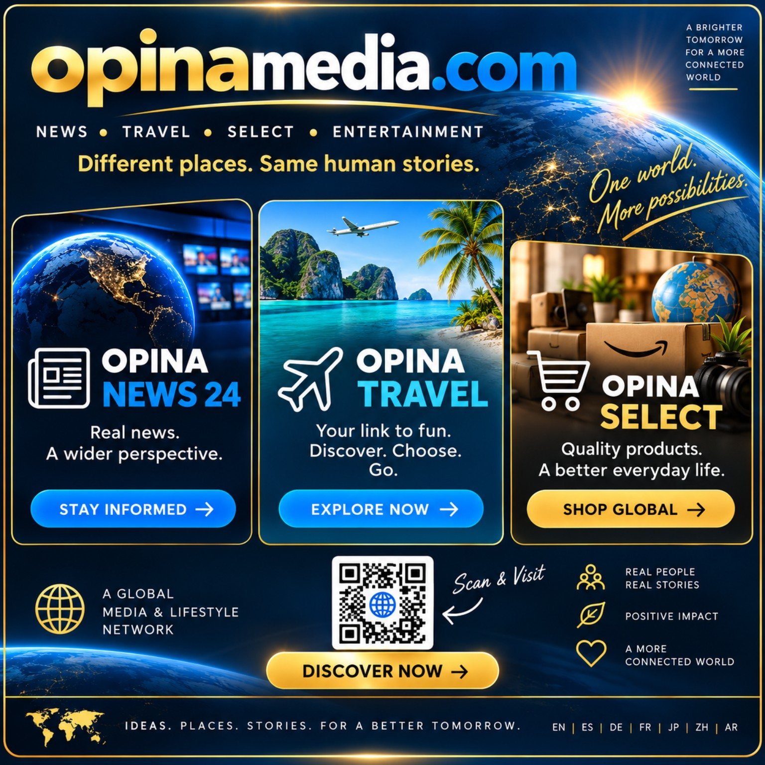 Portrait brand graphic highlighting OPINA NEWS 24, OPINA TRAVEL and OPINA SELECT.