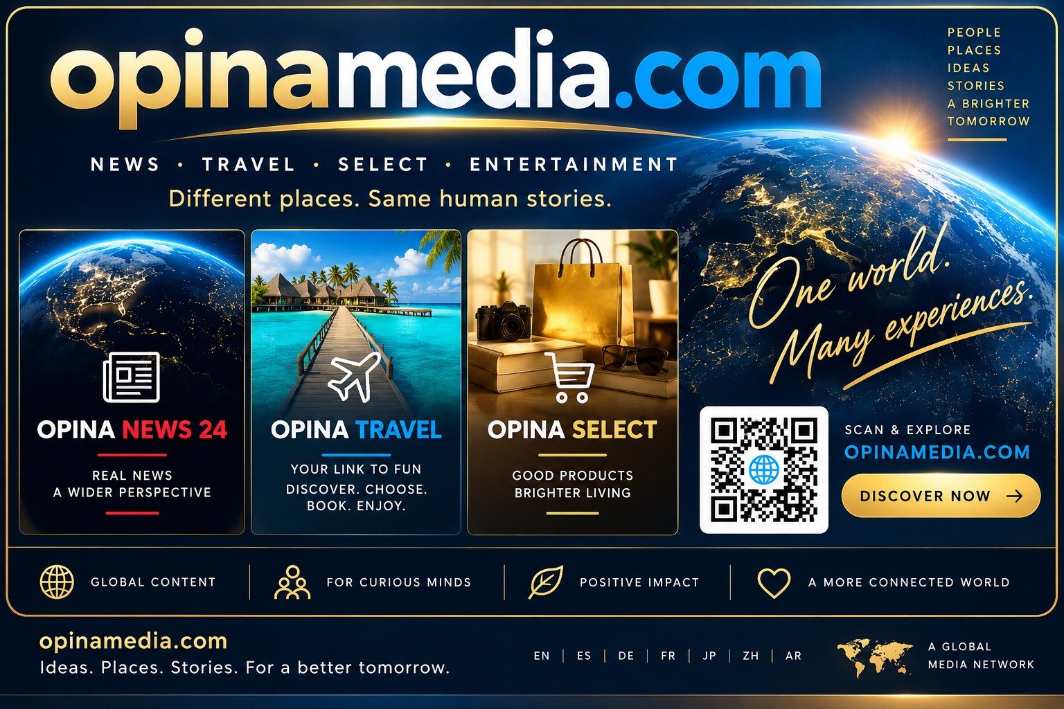 OPINA MEDIA visual with travel, news and select product categories.