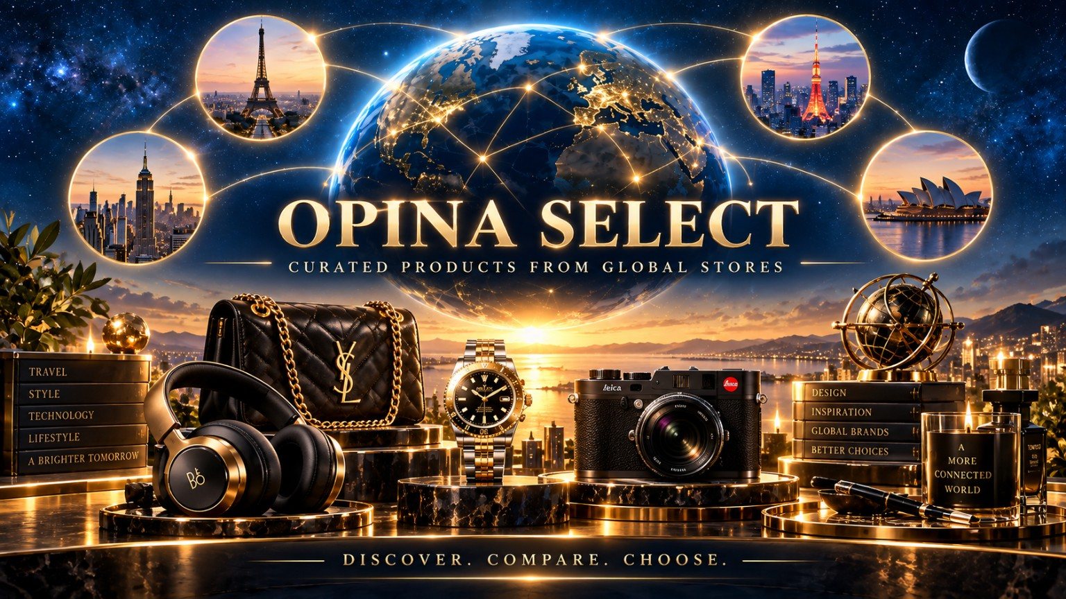OPINA SELECT product discovery artwork featuring accessories and electronics.