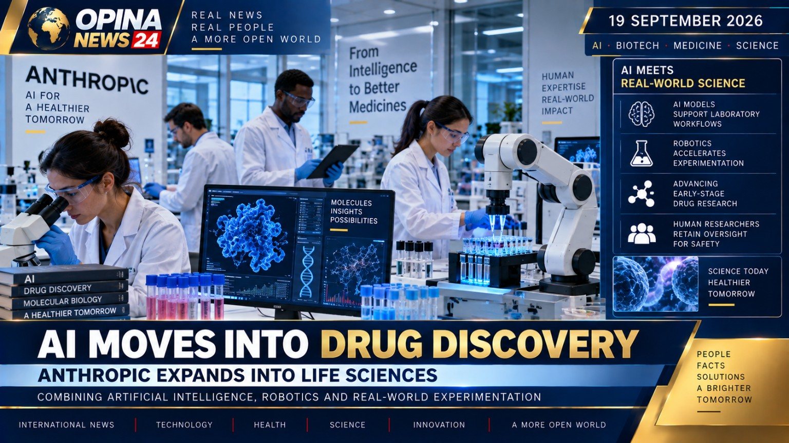 OPINA NEWS 24 visual archive: AI and drug discovery themed graphic, dated 19 September 2026.