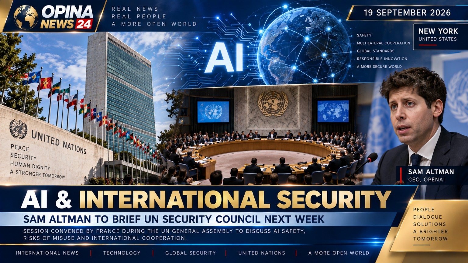 Archived OPINA NEWS 24 graphic about artificial intelligence and international security.