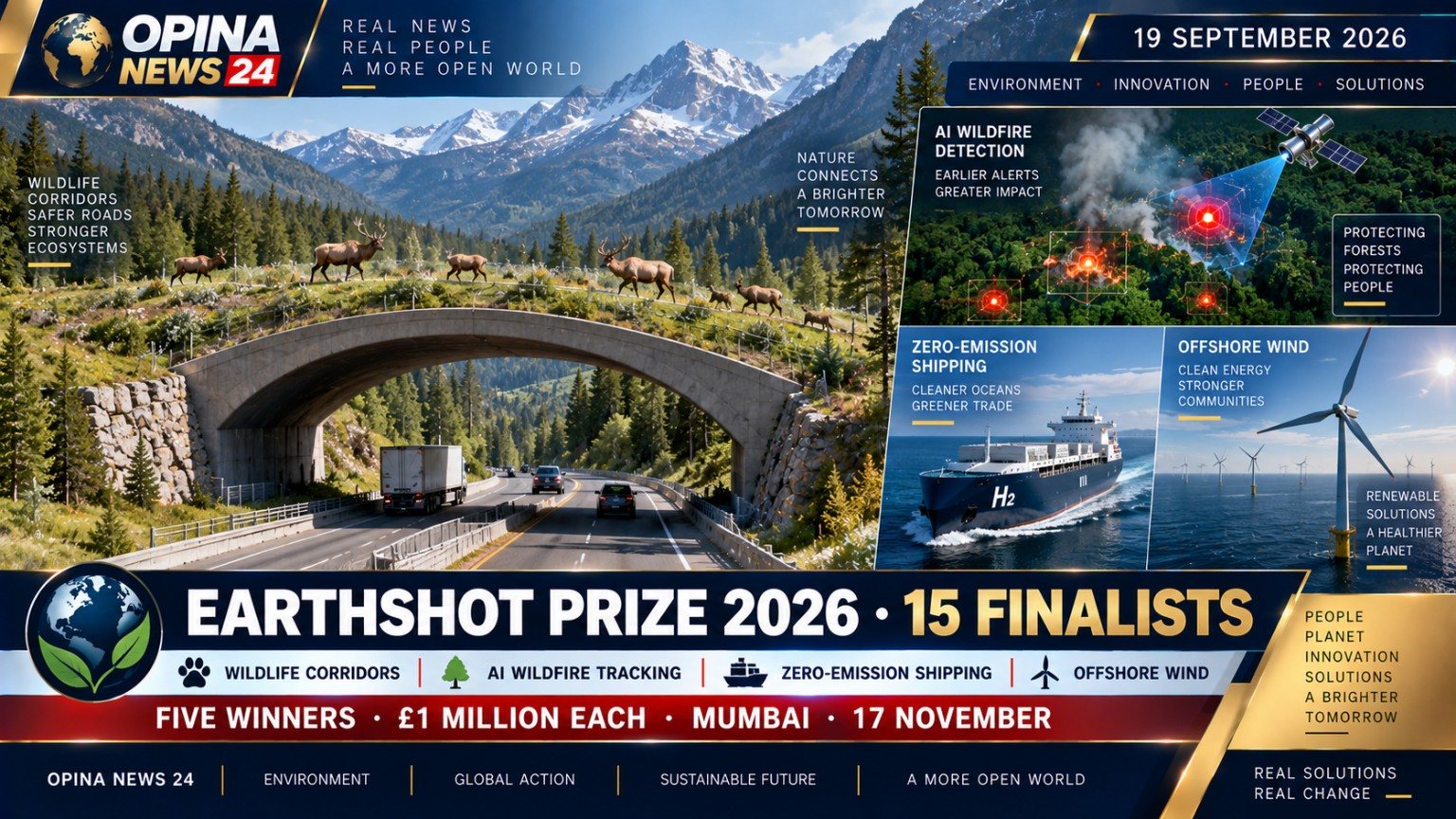 OPINA NEWS 24 visual archive: environment and Earthshot themed graphic, dated 19 September 2026.