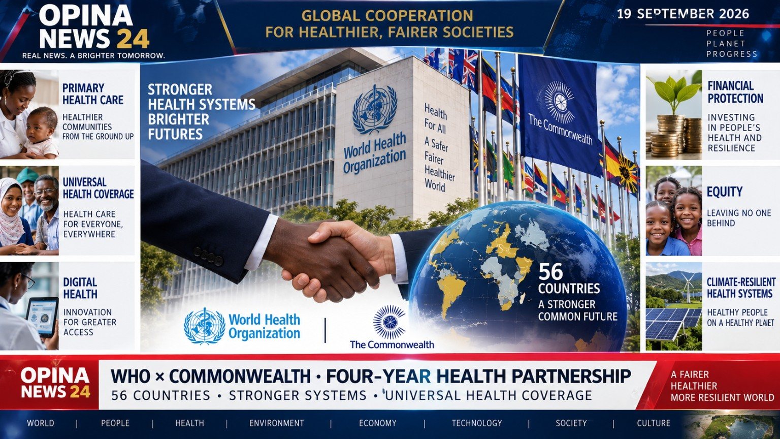 OPINA NEWS 24 visual archive: global health cooperation themed graphic, dated 19 September 2026.