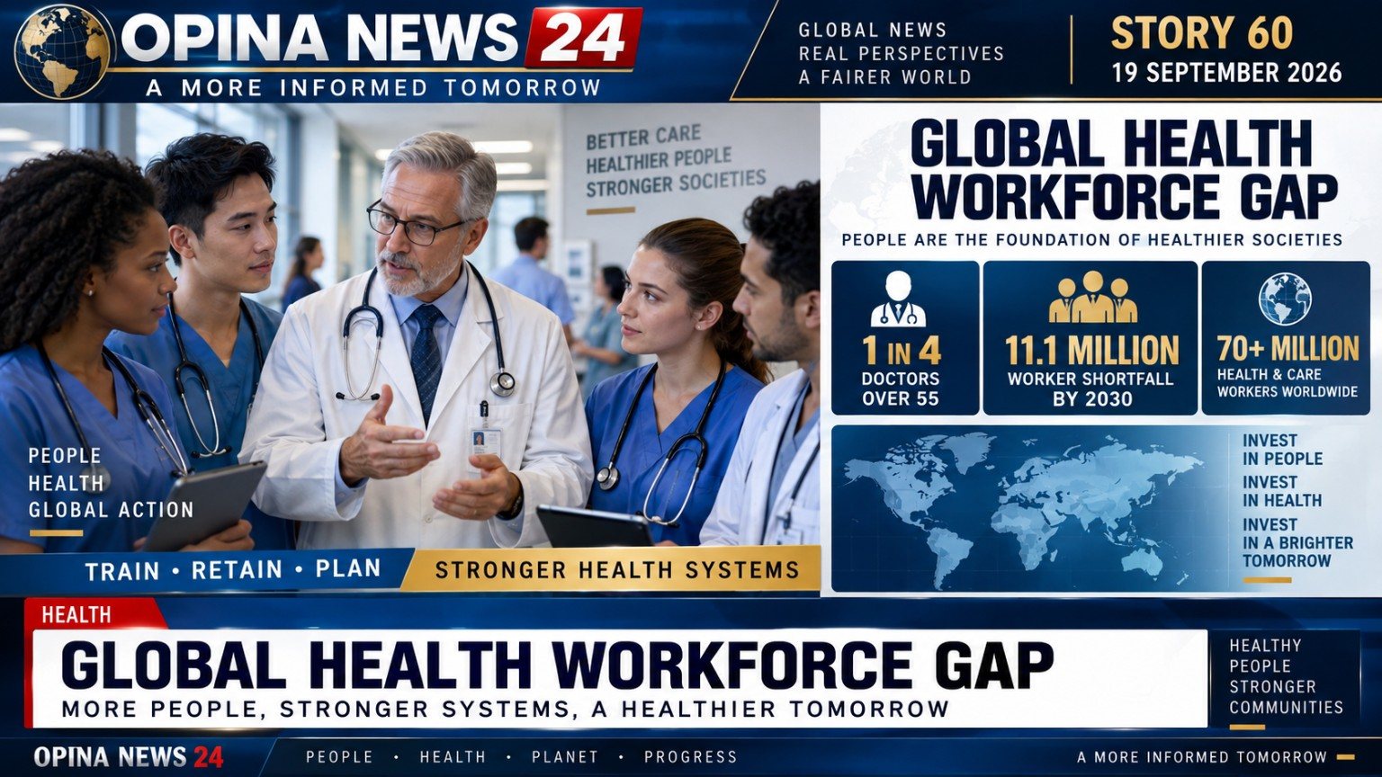 OPINA NEWS 24 visual archive: global health workforce themed graphic, dated 19 September 2026.