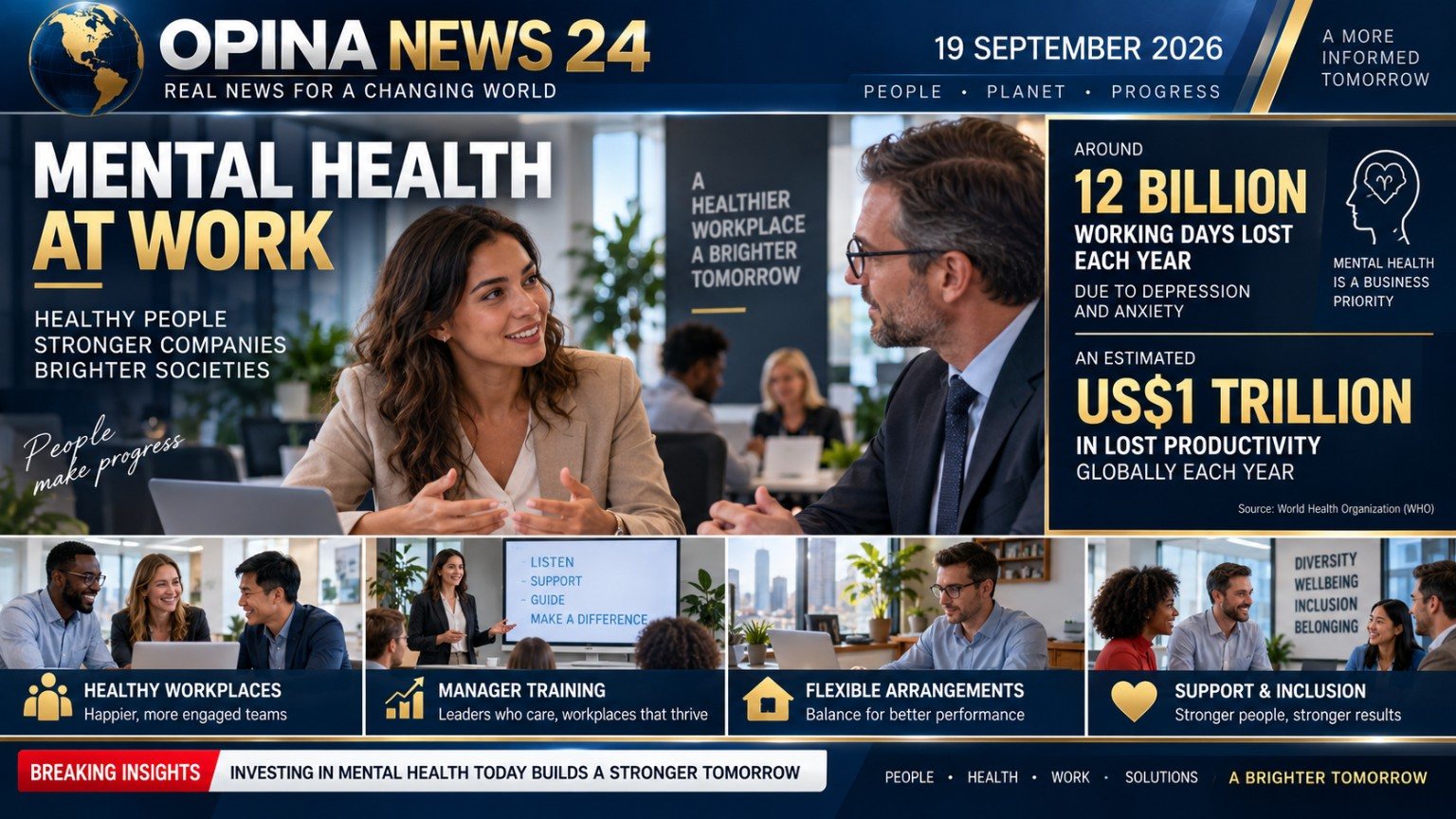 OPINA NEWS 24 visual archive: mental health at work themed graphic, dated 19 September 2026.