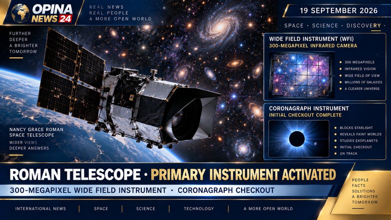 OPINA NEWS 24 visual archive: Roman Space Telescope themed graphic, dated 19 September 2026.