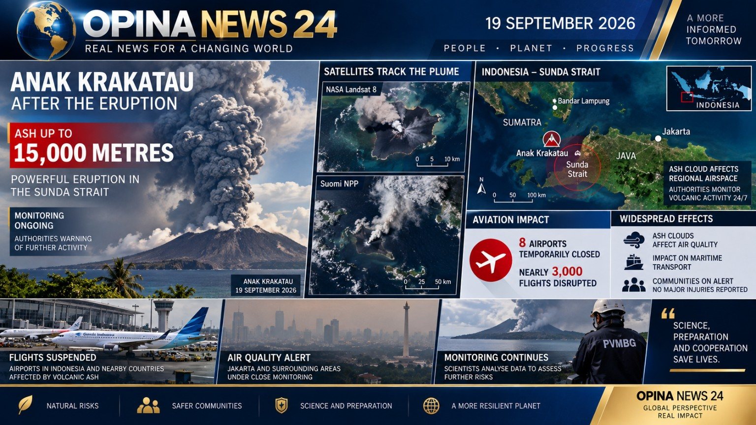 OPINA NEWS 24 visual archive: volcanic eruption and aviation themed graphic, dated 19 September 2026.